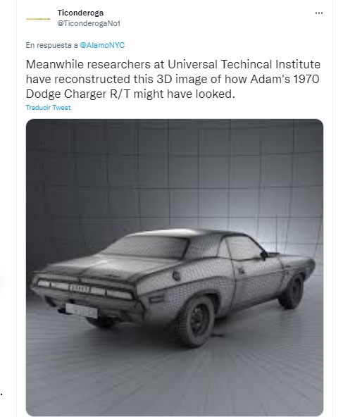 Screenshot de tuit que muestra como sería el Dodge Charger 1970  que manejó Adán