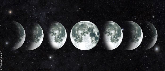 Ilustración de todas las fases de la luna expuestas en fila horizontal en una noche estrellada