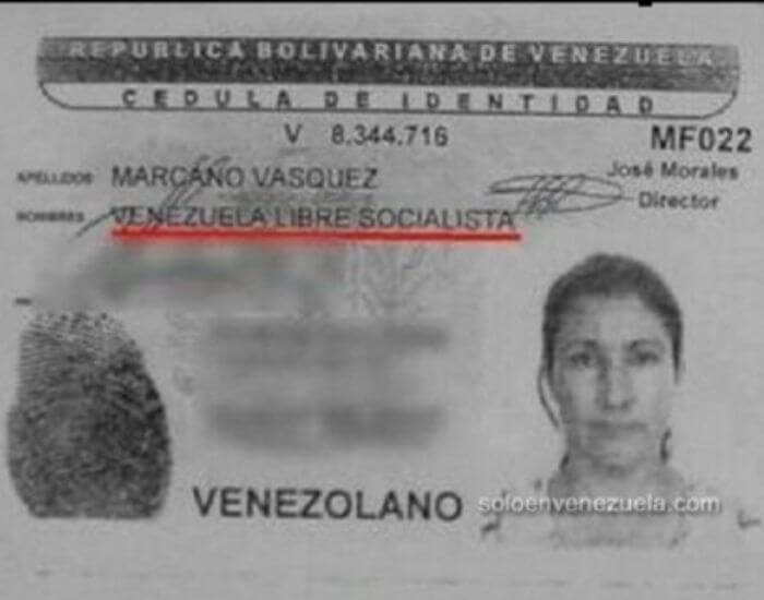 Foto de una cédula de Venezuela que hace parte de los nombres raros y feos de Latinoamérica