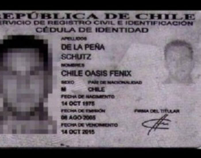 Foto de un documento de identidad chileno con uno de los nombres rros y feos de Latinoamérica