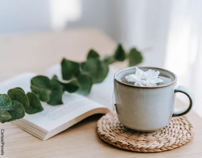Foto de un pocillo con té de eucalipto y con una rama de eucalipto reposando al lado sobre un libro