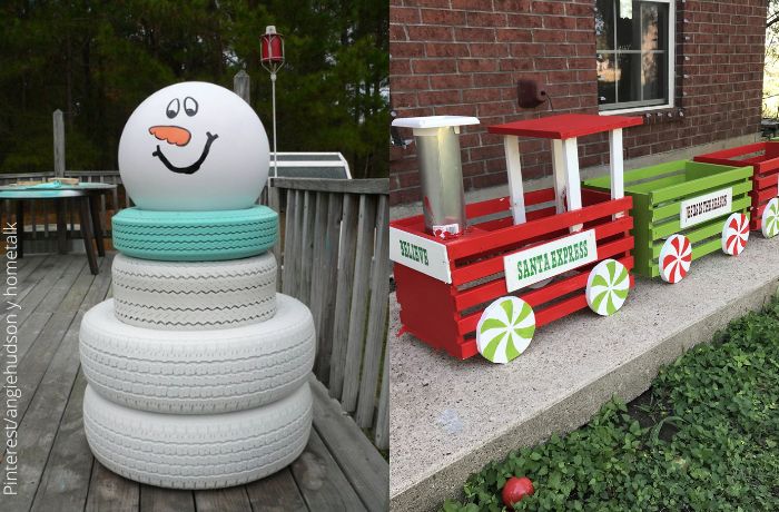 Fotos de un muñeco de nieve hecho con llantas y de un tren navideño hecho con palos