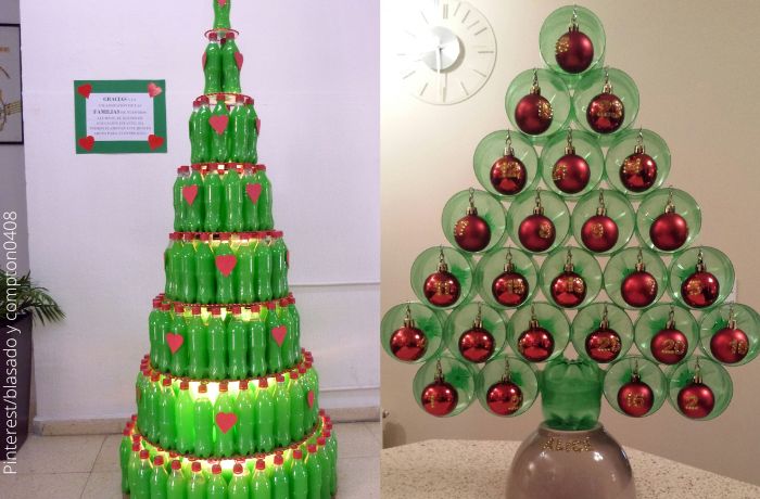 Fotos de dos árboles de Navidad hechos con botellas plásticas