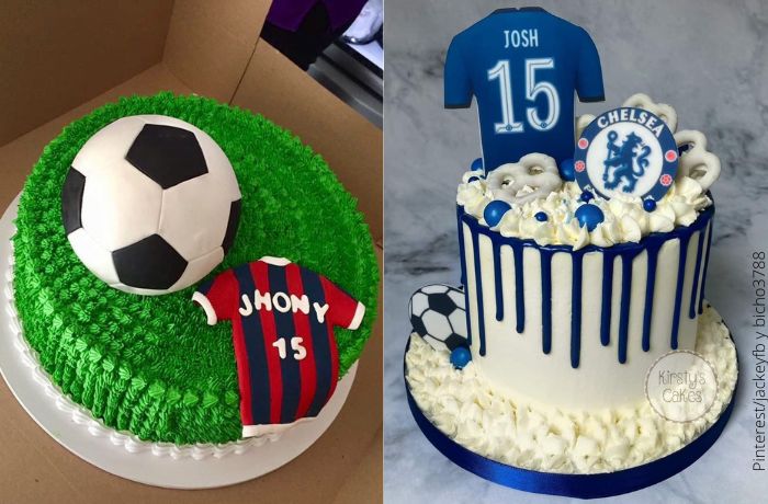 Foto de dos pasteles con diseños de fútbol