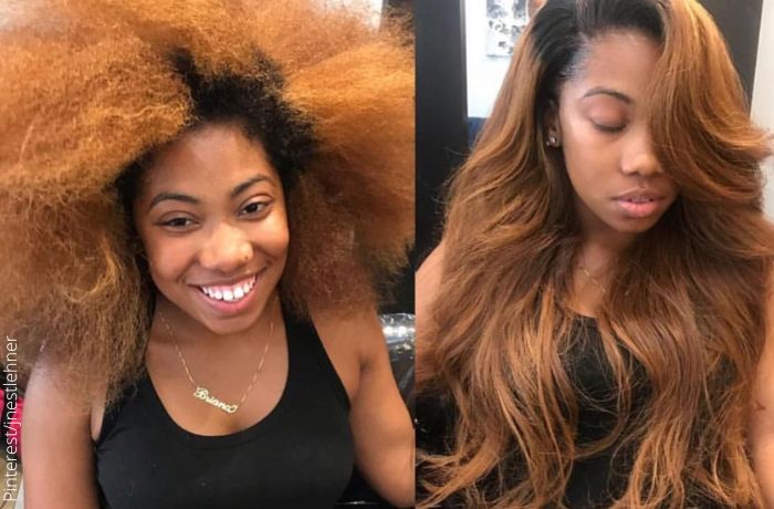Fotos de una mujer antes y después de alisar su cabello afro