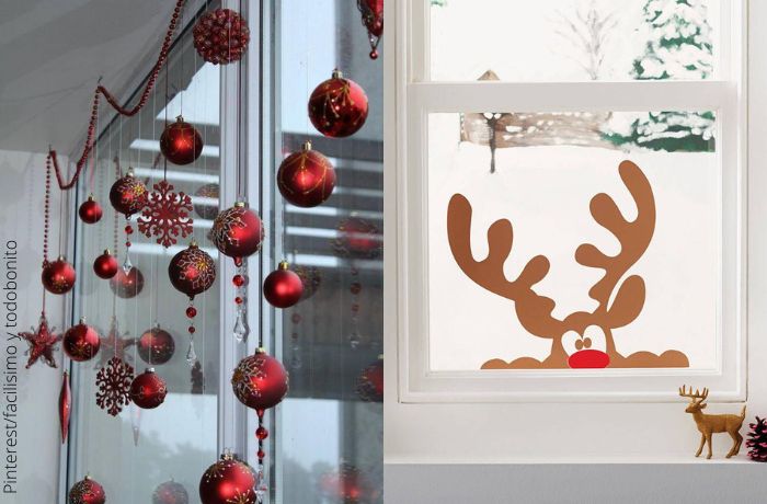 Foto de bolas de navidad y de una figura de reno en la ventana