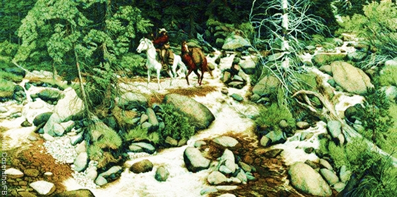 Imagen de un paisaje con dos caballos y un jinete