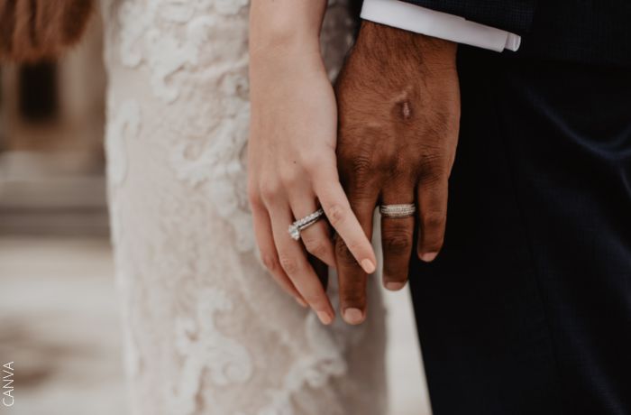 Foto de las manos de una pareja con anillos de boda