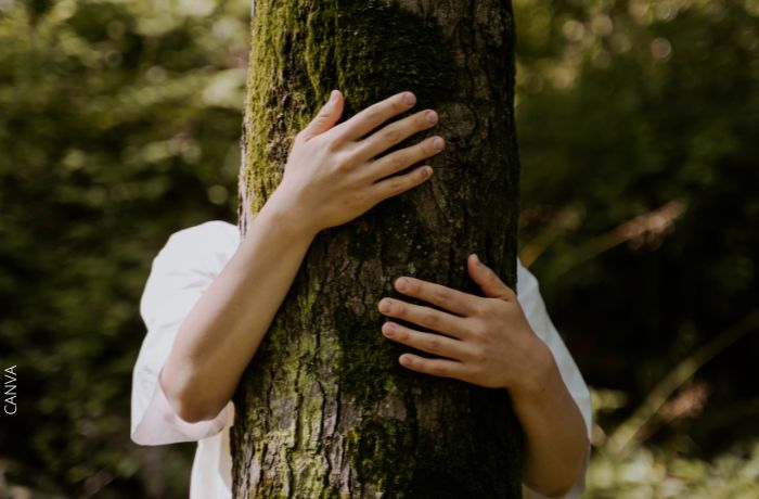 Foto de una persona abrazando un árbol