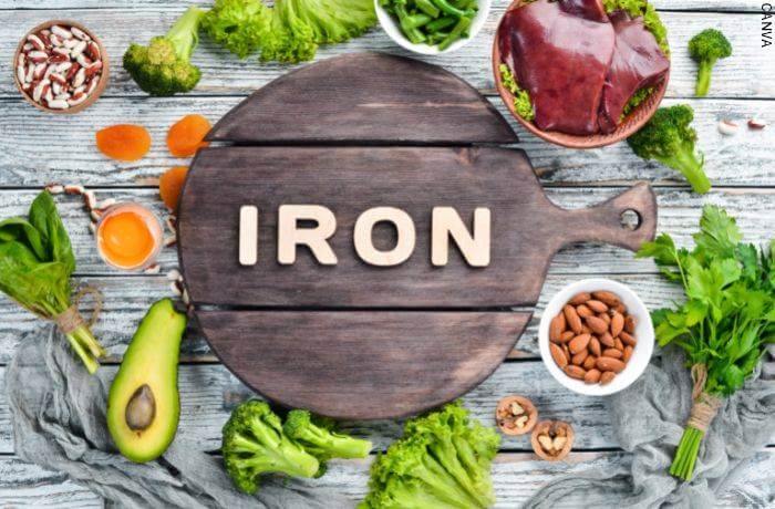 Foto de varios alimentos con la palabra iron (hierro en inglés)