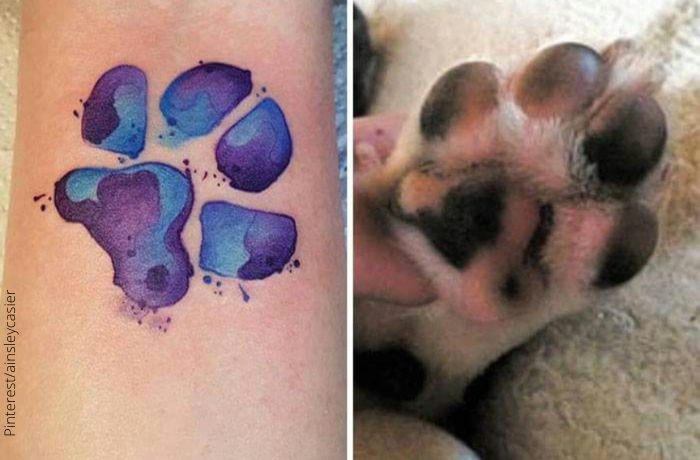 Foto de un tatuaje de color orado de una huella de perro y al lado la pata del perro
