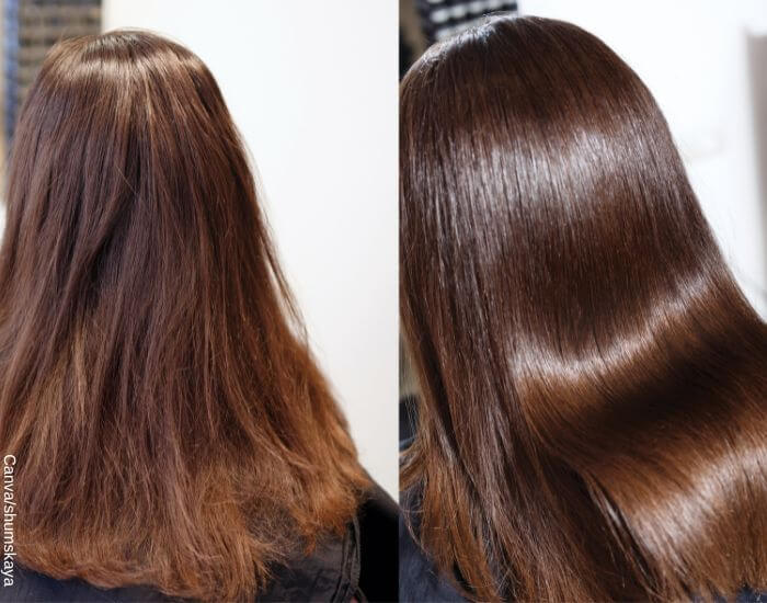 Foto de un antes y un después de una cabellera sometida a tratamiento reparador