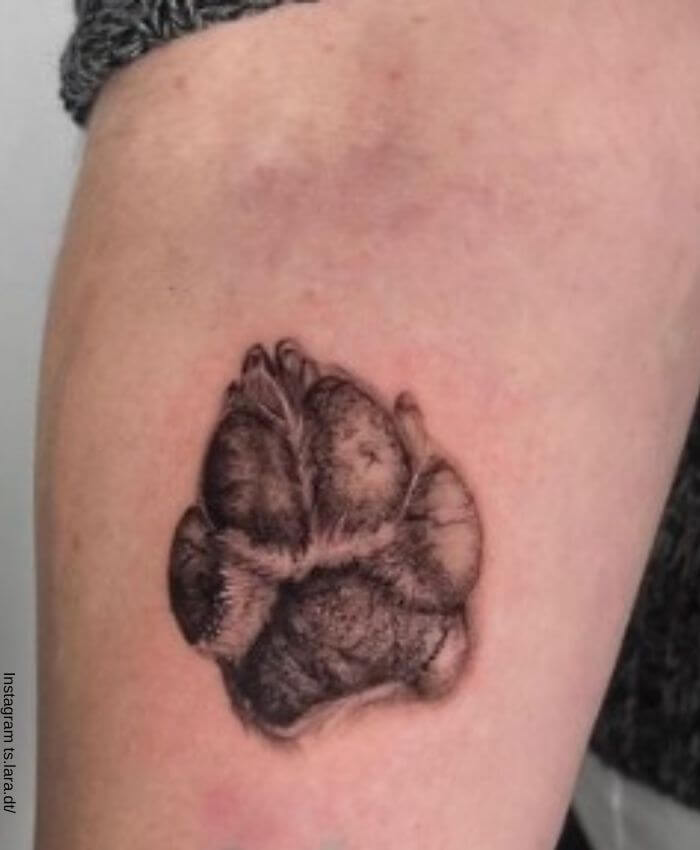 Foto de una huella realista de perrito tatuada en el brazo de una persona