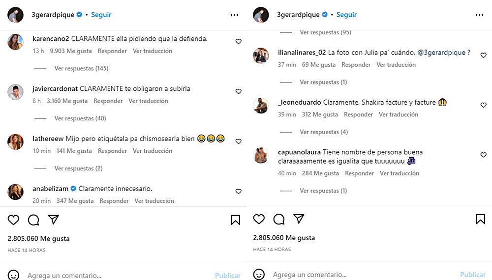 Screenshot de comentarios sobre la foto de Gerard Piqué y Clara Chía