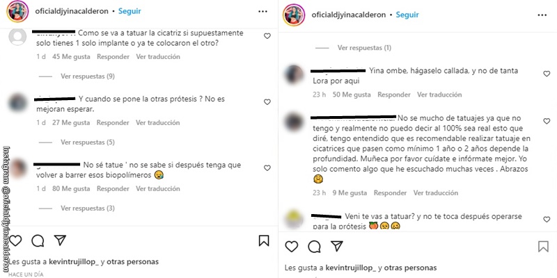 Screenshot de los comentarios de los seguidores de Yina Calderón en su foto de Instagram