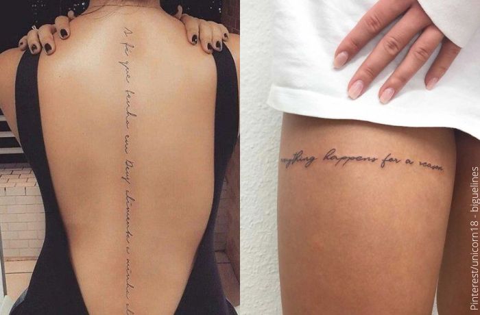Foto de mujer con tatuajes de frases en la espalda y la pierna