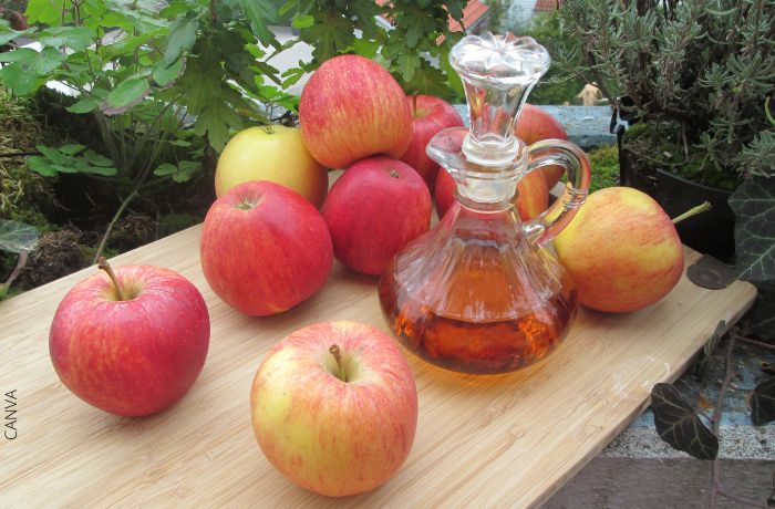 Foto de un frasco de vinagre rodeado de manzanas