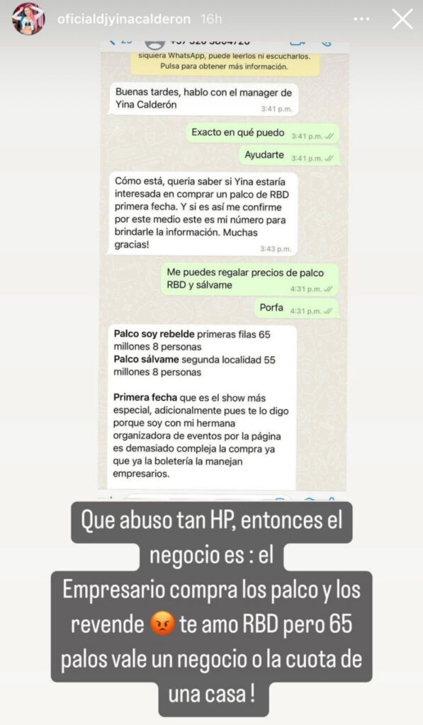 Screenshot del mensaje de WhatsApp que le enviaron a Yina Calderón con los precios de los palcos del concierto de RBD