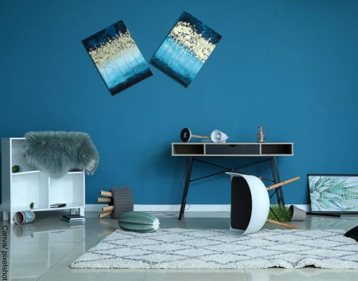 Foto de una habitación con paredes azules en la que todos los objetos están caídos en el suelo