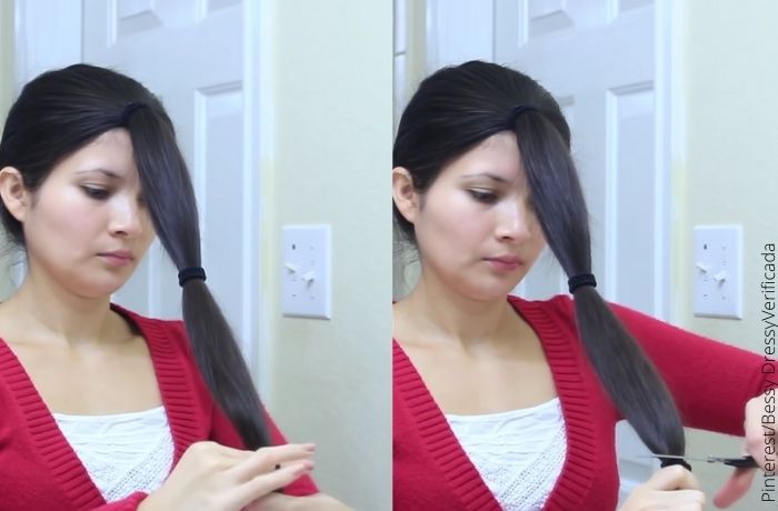 Fotos de una mujer cortando su cabello
