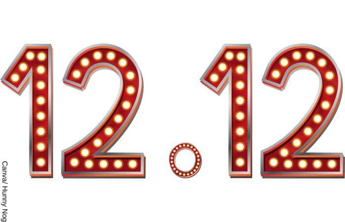 Foto del número 12 12 en rojo con luces amarillas y fondo blanco para representar lo que significa 12 12