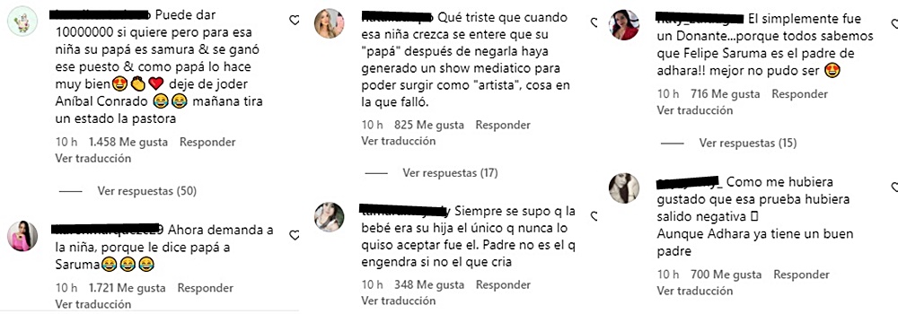 Screenshot de los comentarios en la publicación en la que oficialmente dicen que la hija de Andrea Valdiri es hija de Lowe León