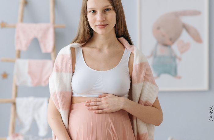 Foto de una mujer embarazada con una mano sobre su vientre