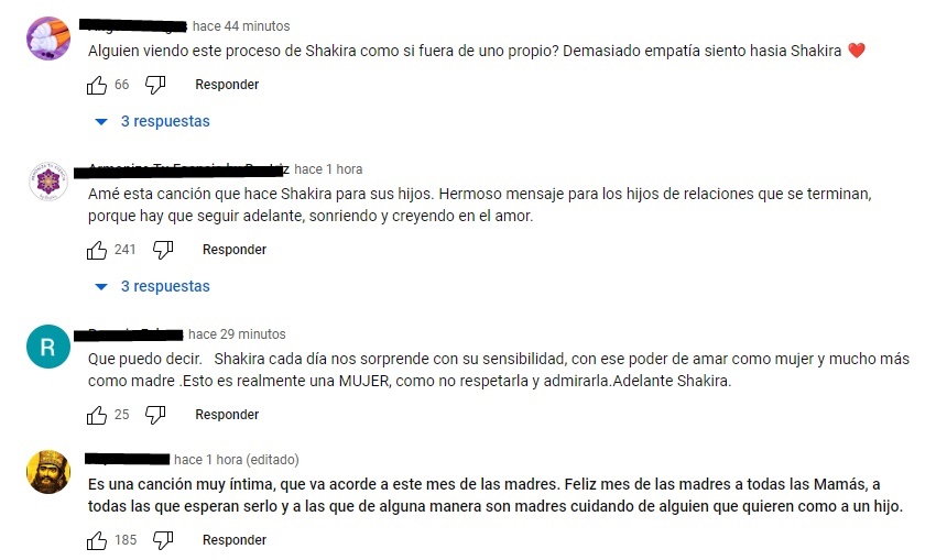 Screenshot de los comentarios en el video de Shakira
