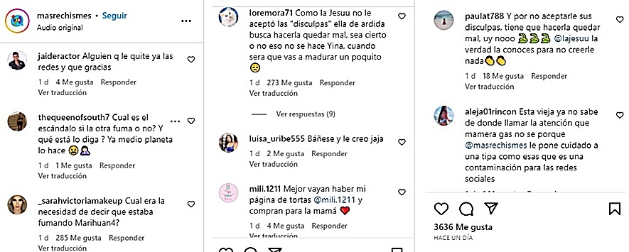 Screenshot de los comentarios sobre el video de Yina Calderón y La Jesuu
