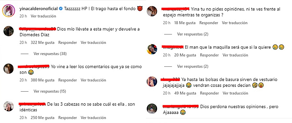 ScreenShot de los comentarios hechos en el video de Yina Calderón por sus tres cabezas