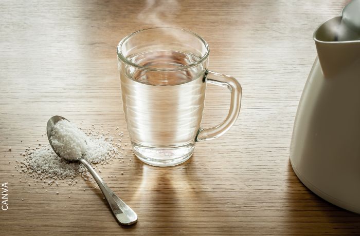 Foto de un pocillo de agua junto a una cuchara de sal