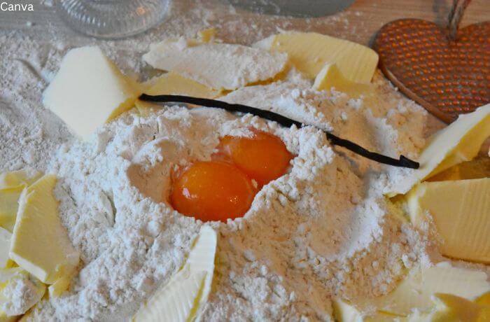 Foto de dos huevos sobre harina rodeados de mantequilla