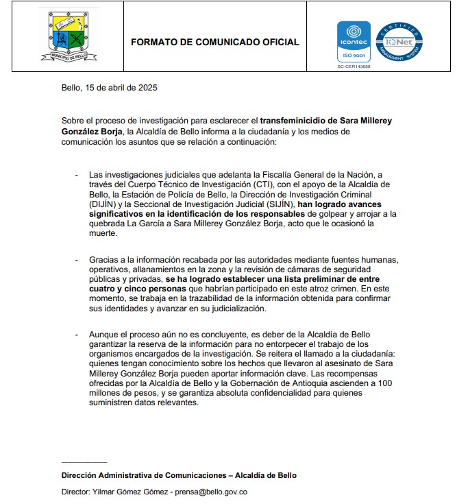 Comunicado Alcaldía de Bello sobre Sara Millerey