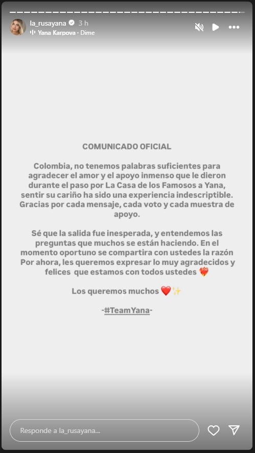 Comnicado oficial tras la salida de Yana Karpova de La Casa de los Famosos 2