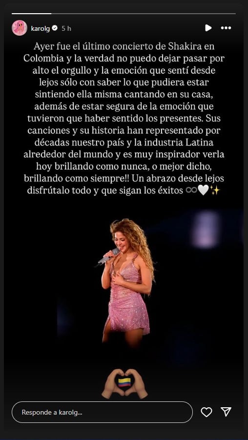 Screenshot mensaje de Karol G a Shakira