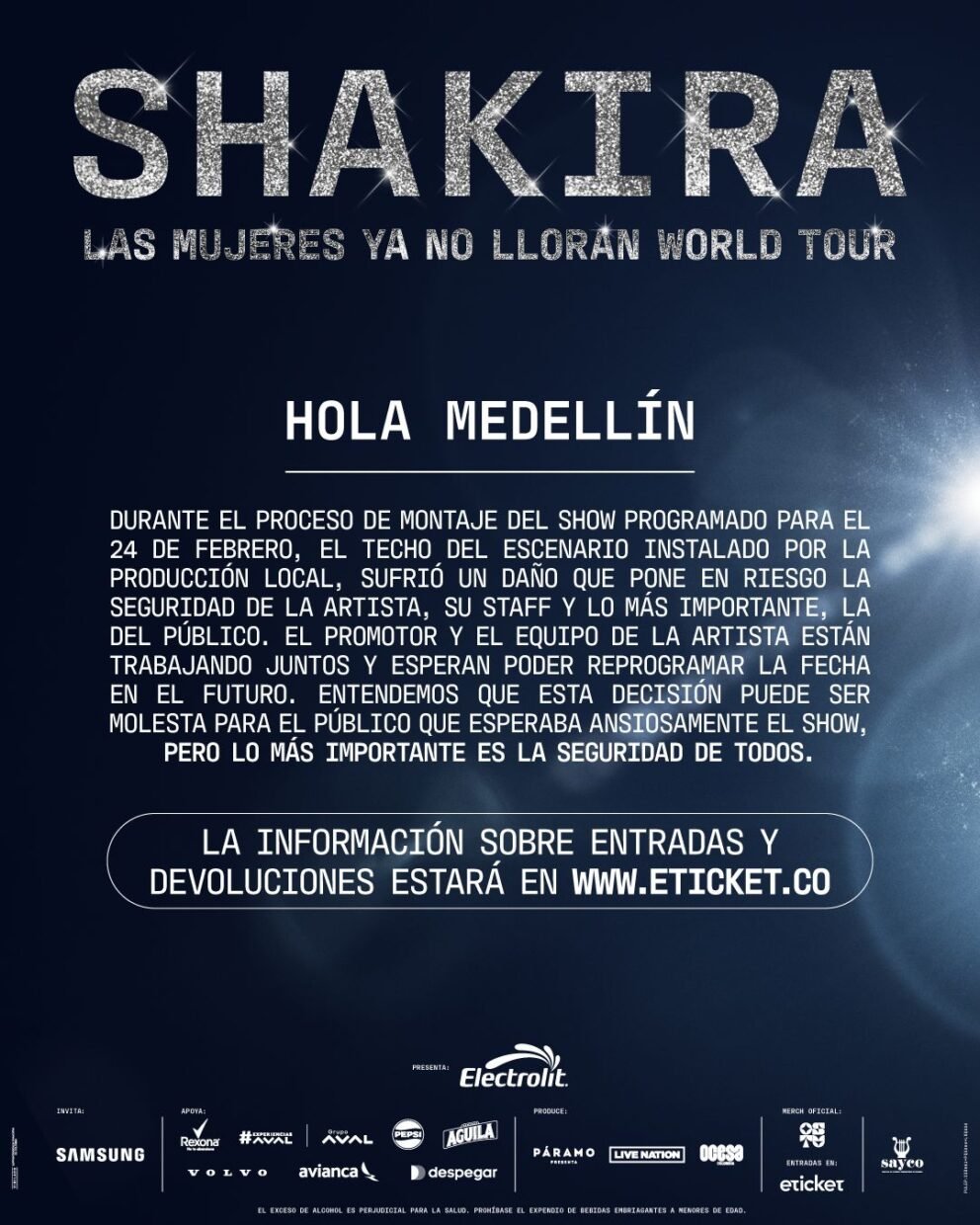 Comunicado sobre cancelación concierto de Shakira en Medellín