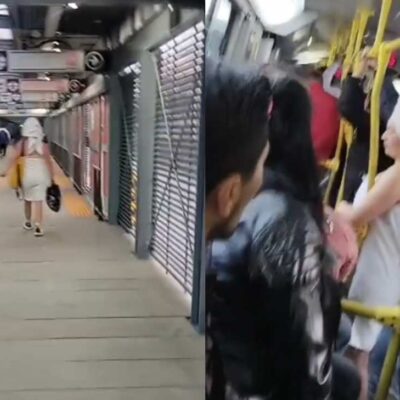 mujer en toalla en Transmilenio