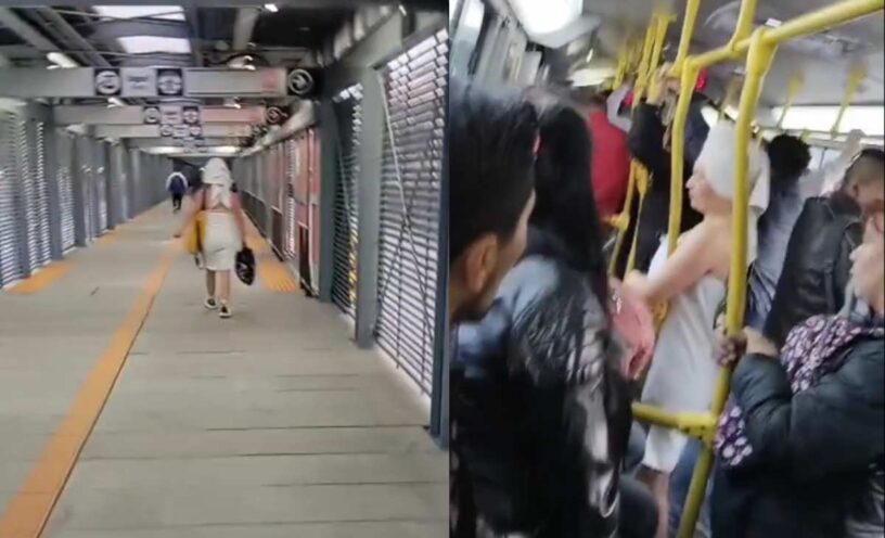 mujer en toalla en Transmilenio