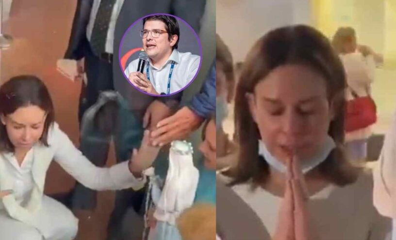esposa de Miguel Uribe frente a la clínica