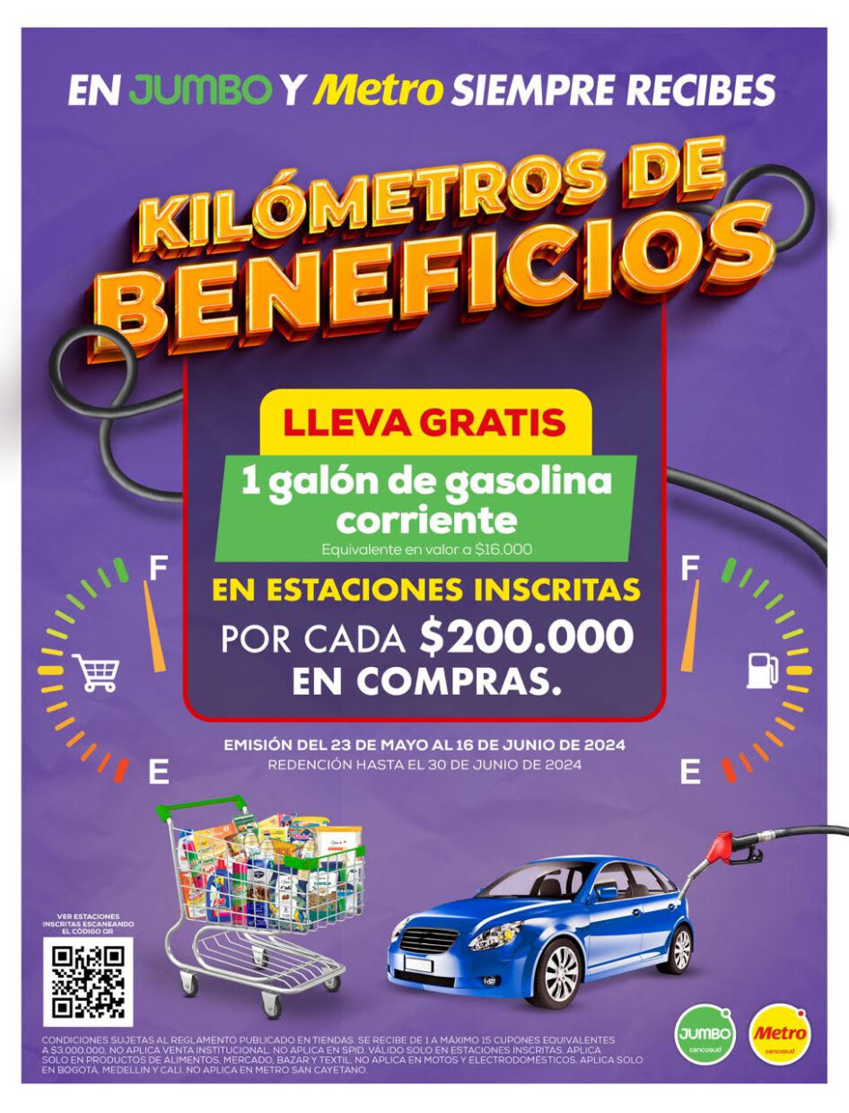 Afiche promocional de Jumbo y Metro ofrecen un galón de gasolina