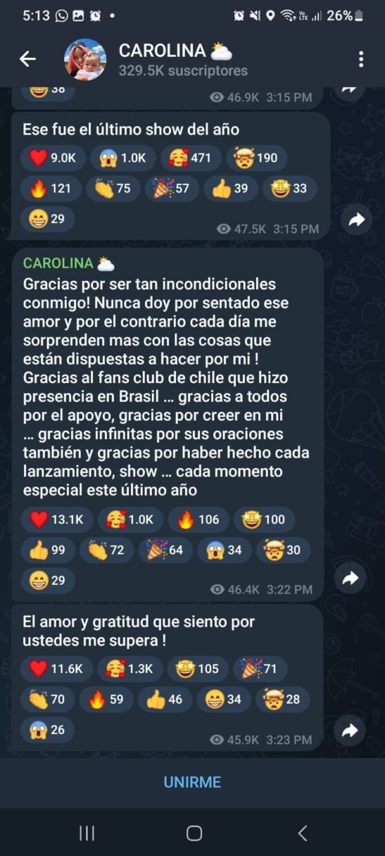 Foto de una captura de pantalla del canal de difusión de Telegram de Karol G