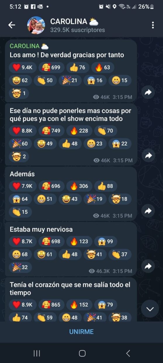 Foto de un pantallazo del canal de difusión de Telegram de Karol G