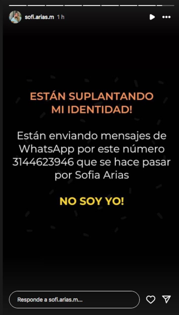 Pantallazo de una historia de Sofia Arias donde dice que suplantaron su identidad