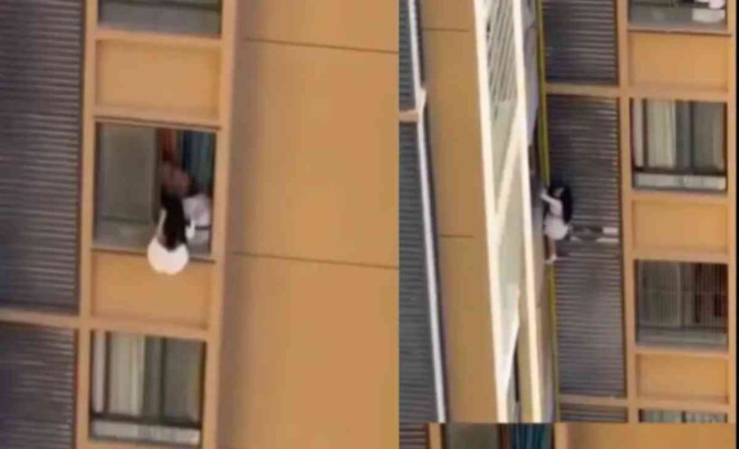 mujer escapo por la ventana de un edificio
