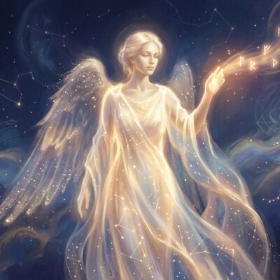Ángel luminoso con alas brillantes rodeado de constelaciones, con runas doradas flotando desde su mano