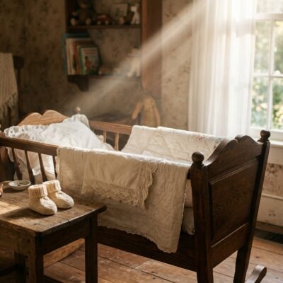 Cuna de madera en una habitación rústica iluminada por un rayo de sol, con zapatitos tejidos sobre una mesa pequeña
