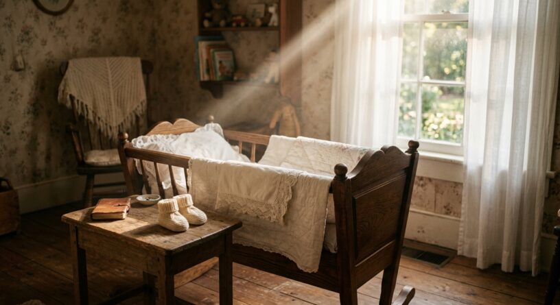 Cuna de madera en una habitación rústica iluminada por un rayo de sol, con zapatitos tejidos sobre una mesa pequeña