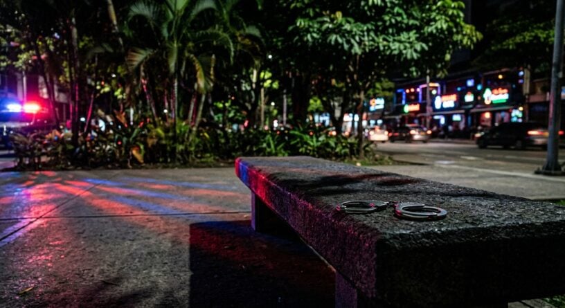Esposas sobre una banca de concreto de noche con luces de policía al fondo