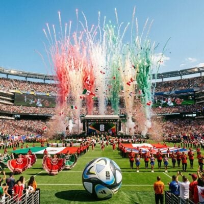 Estadio lleno con fuegos artificiales, banderas de México, EE. UU. y Canadá, y un balón de fútbol en primer plano
