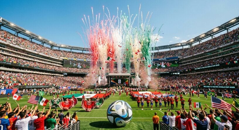 Estadio lleno con fuegos artificiales, banderas de México, EE. UU. y Canadá, y un balón de fútbol en primer plano